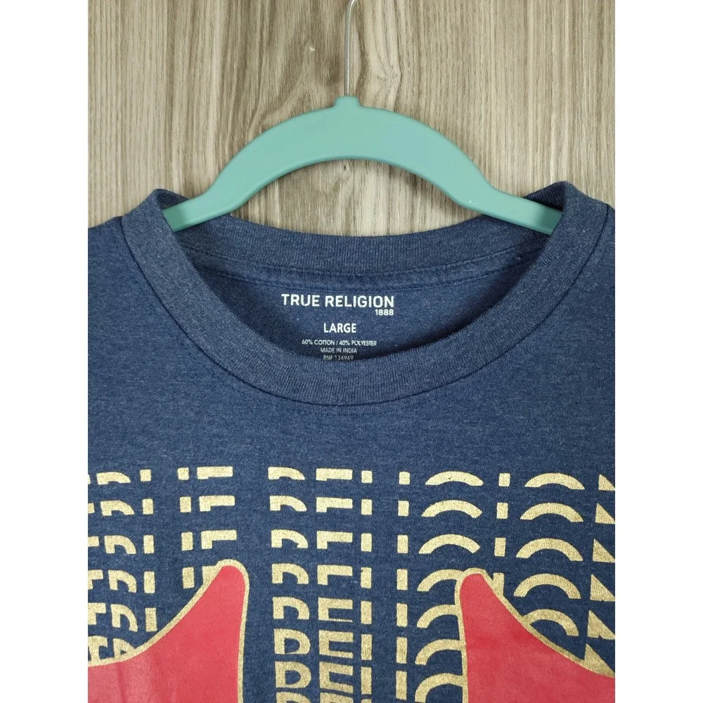 True Religion Mens Graphic T-Shirt Navy Blue Red Horseshoe Logo Size Large